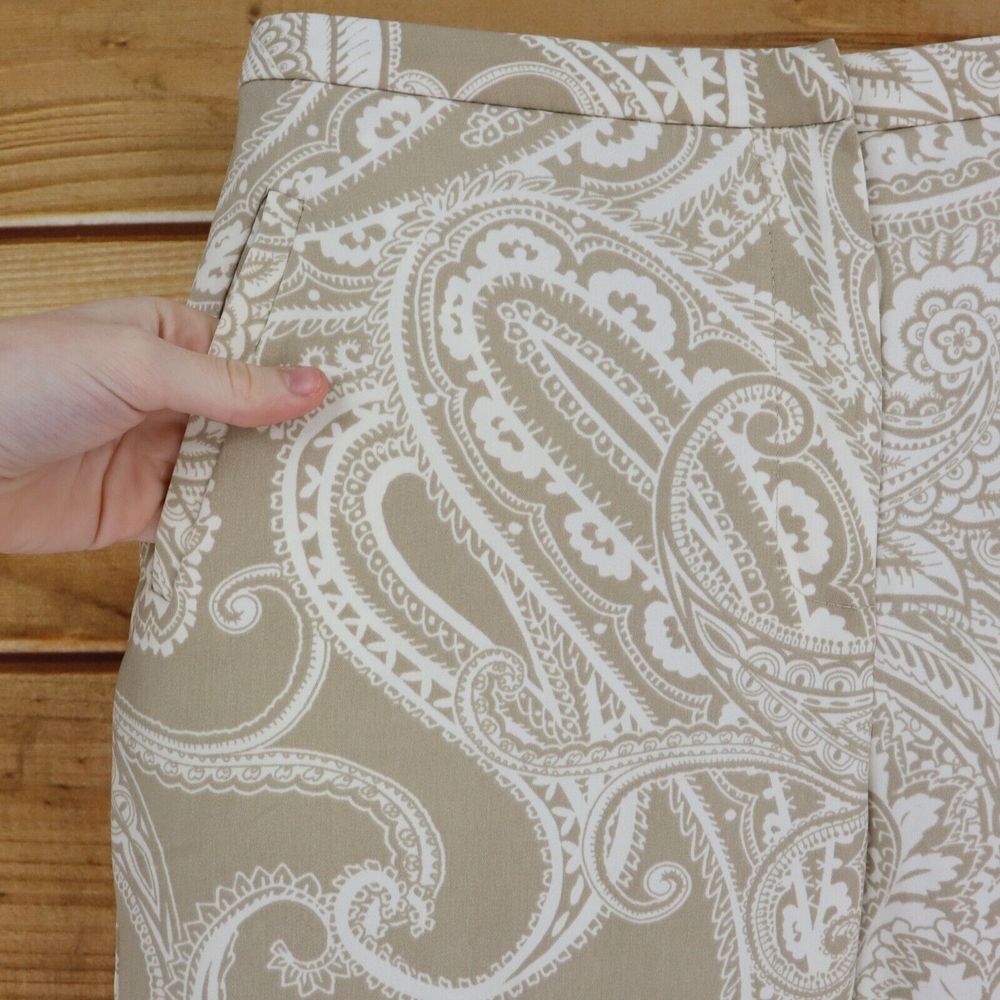 Susan Graver Pants Stretch Waist High Rise Womens 10 Beige White Paisley Pockets - Picture 5 of 7